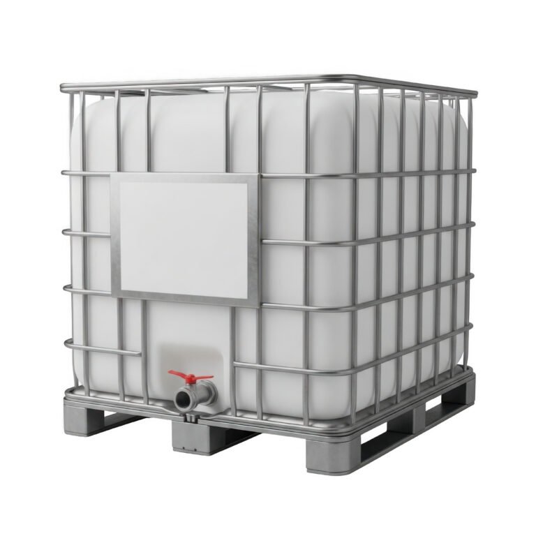Large white storage tank on pallet