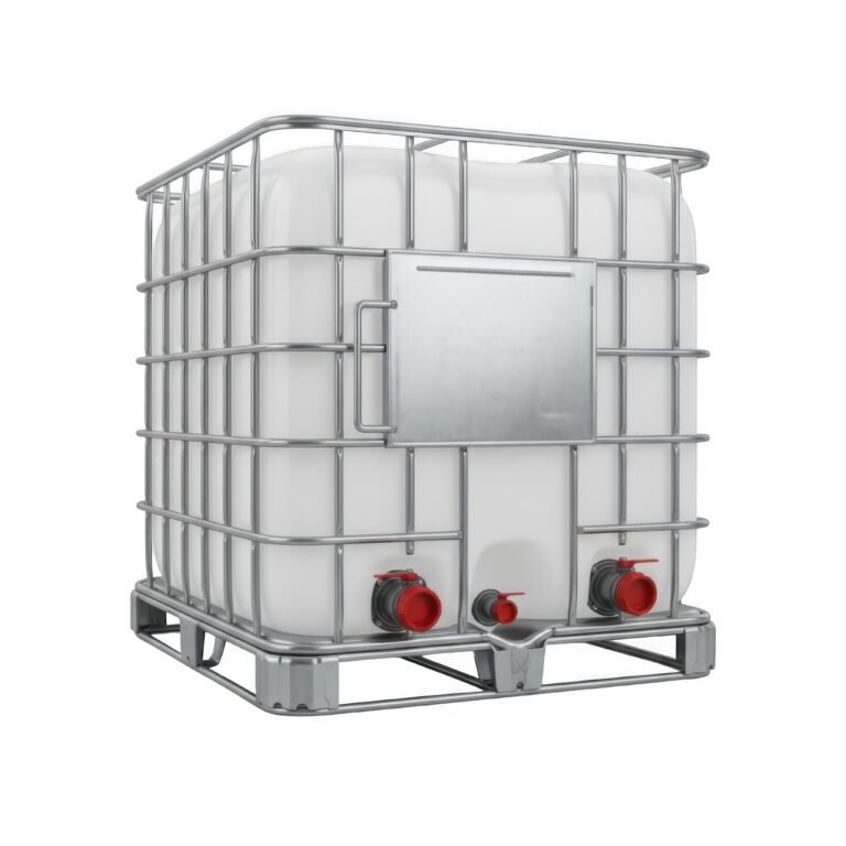 Large white storage tank with metal cage