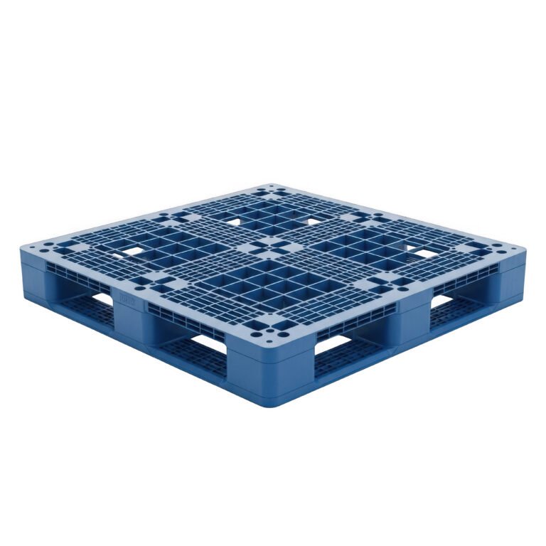 Blue plastic pallet with grid pattern
