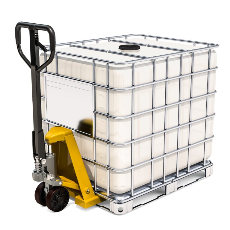 Hydraulic pallet jack with white intermediate bulk container, 3D